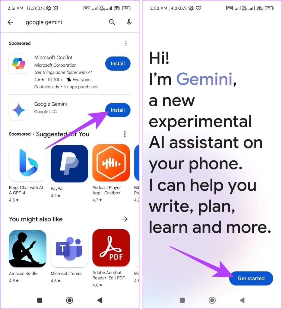 Search for Google Gemini tap Install open the Google Gemini app and press Get started
