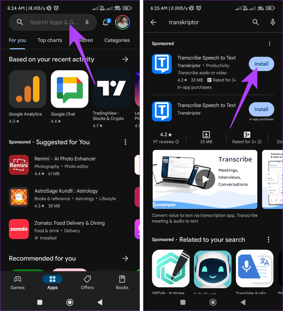 Search for the Transkriptor app and tap the Install button