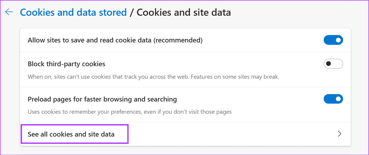 See all site cookies data Edge