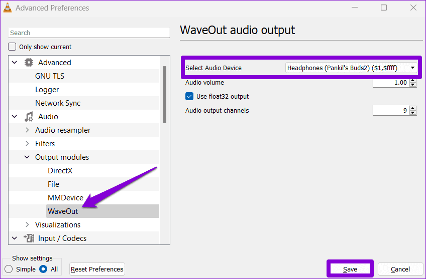 Select Audio Output Device in VLC