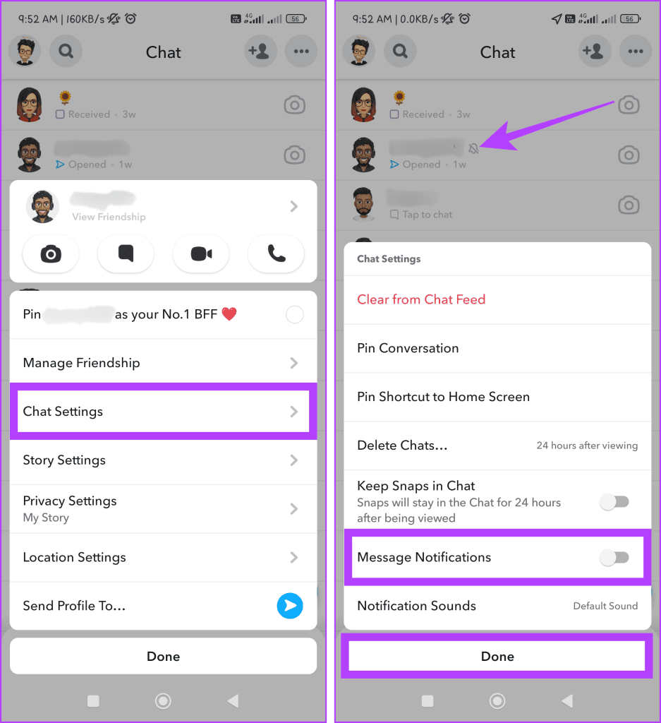 Select Chat Settings toggle off the button next to Message Notifications and tap Done