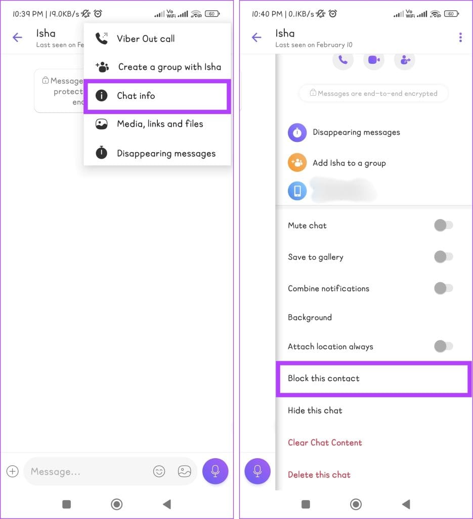 Select Chat info and tap Block this contact