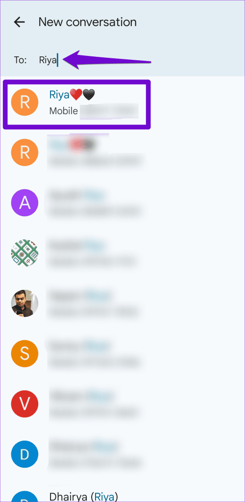 Select Contact in Messages App