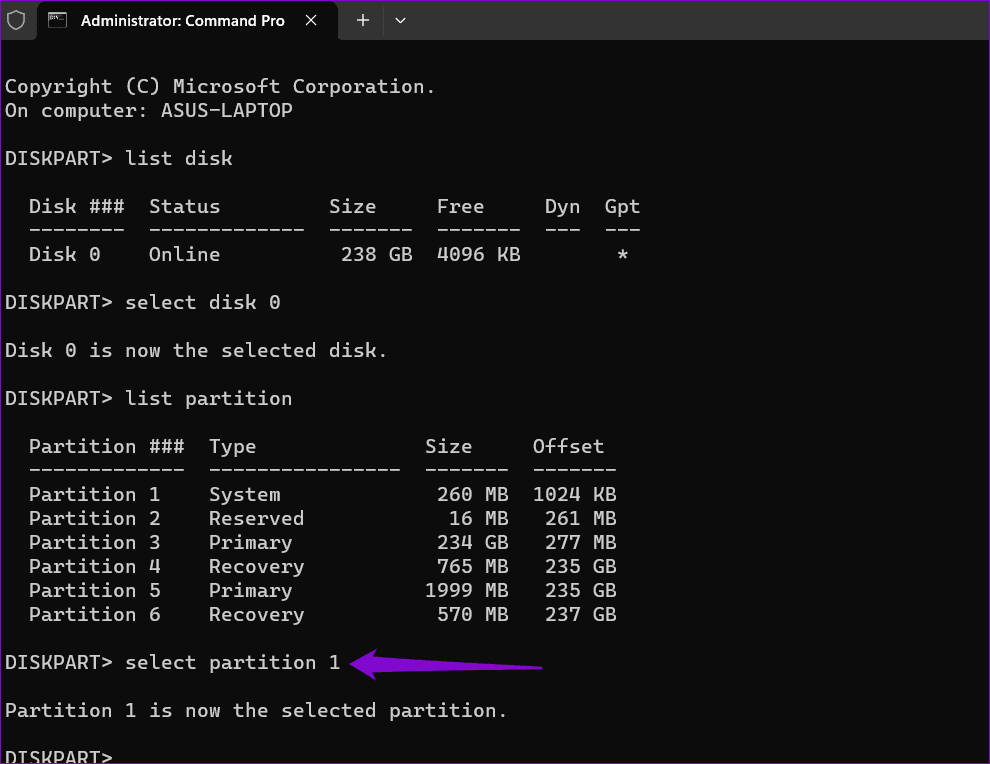 Select Partition in Command Prompt