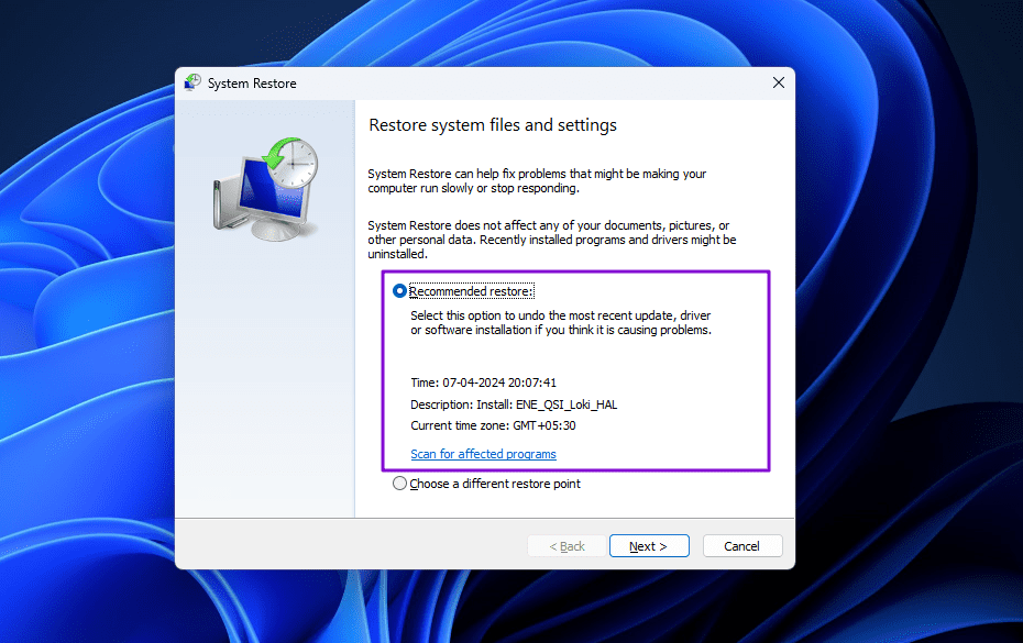 Select Restore Point Windows PC