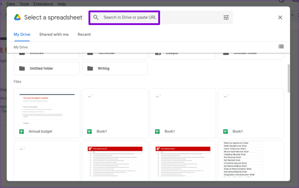 Select Spreadsheet in Google Drive