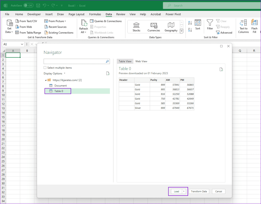 Select Table to Import Data into Excel