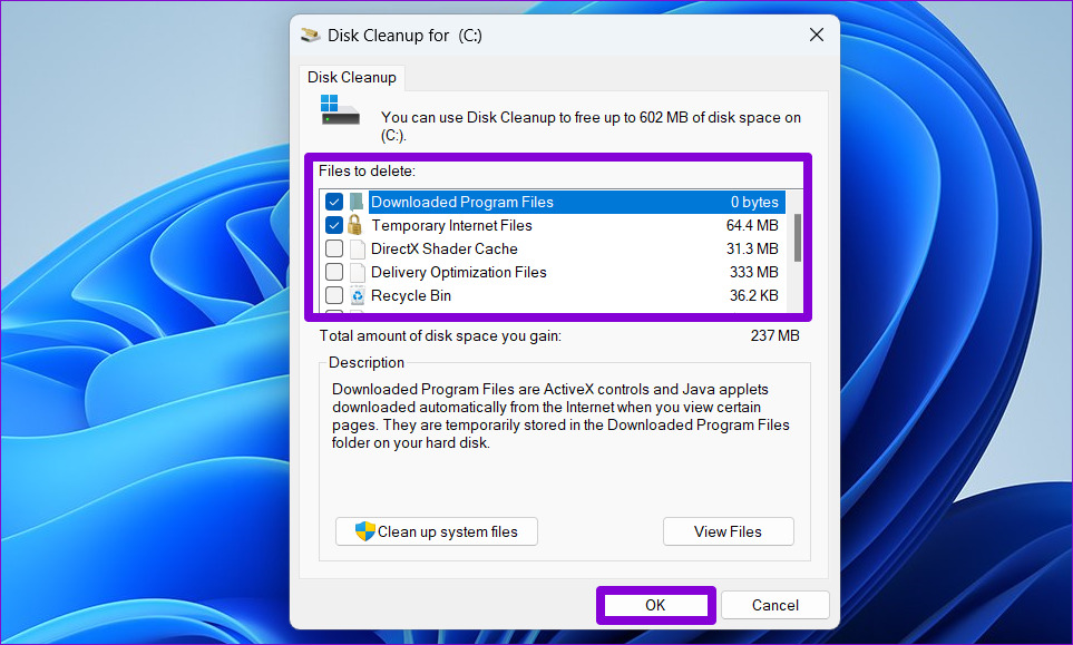 Select Temporary Files on Disk Cleanup