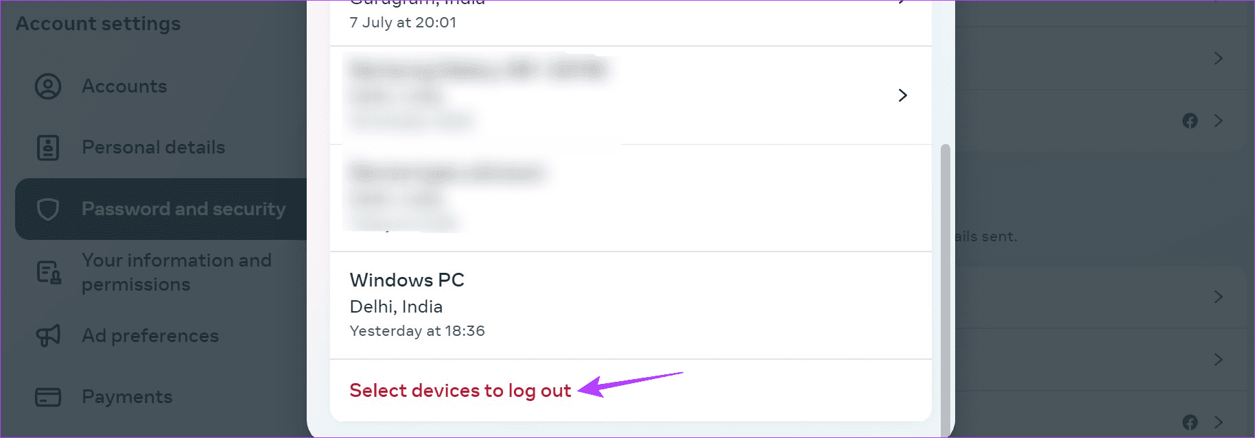 Select device to log out on Facebook