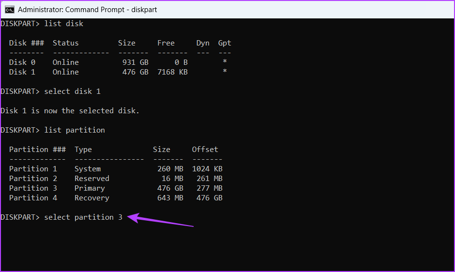 Select partition in the Command Prompt