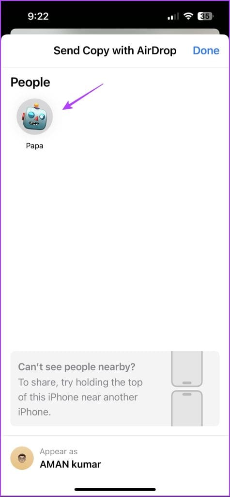 Selecting Airdrop contact