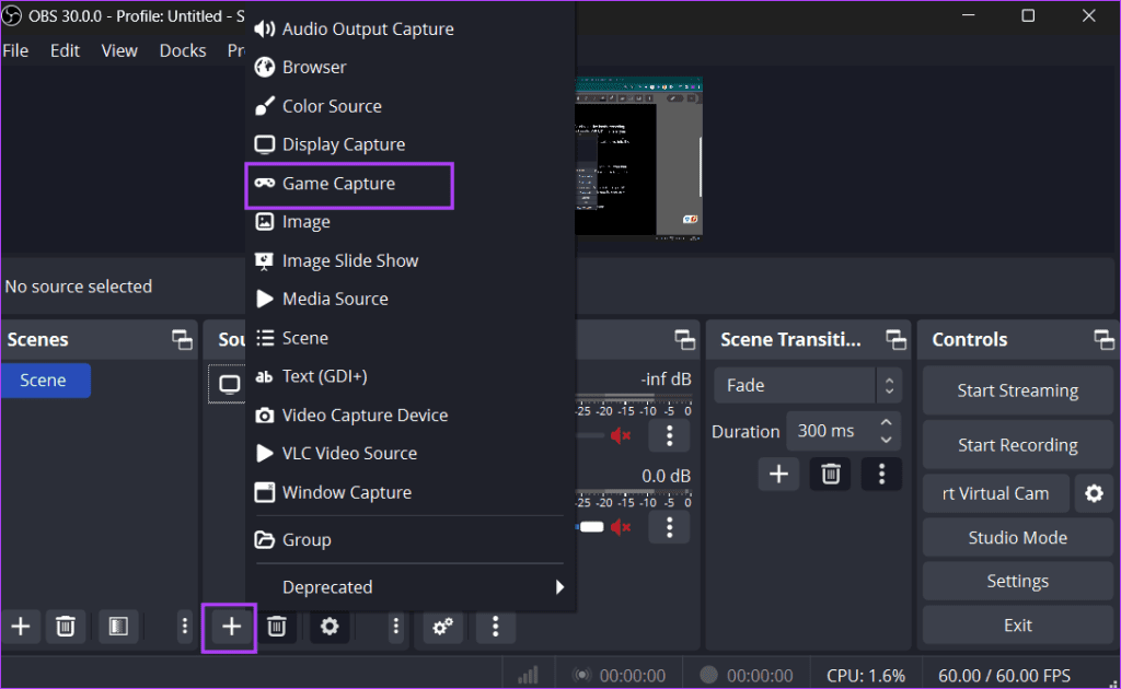 Selecting Source in obs studio