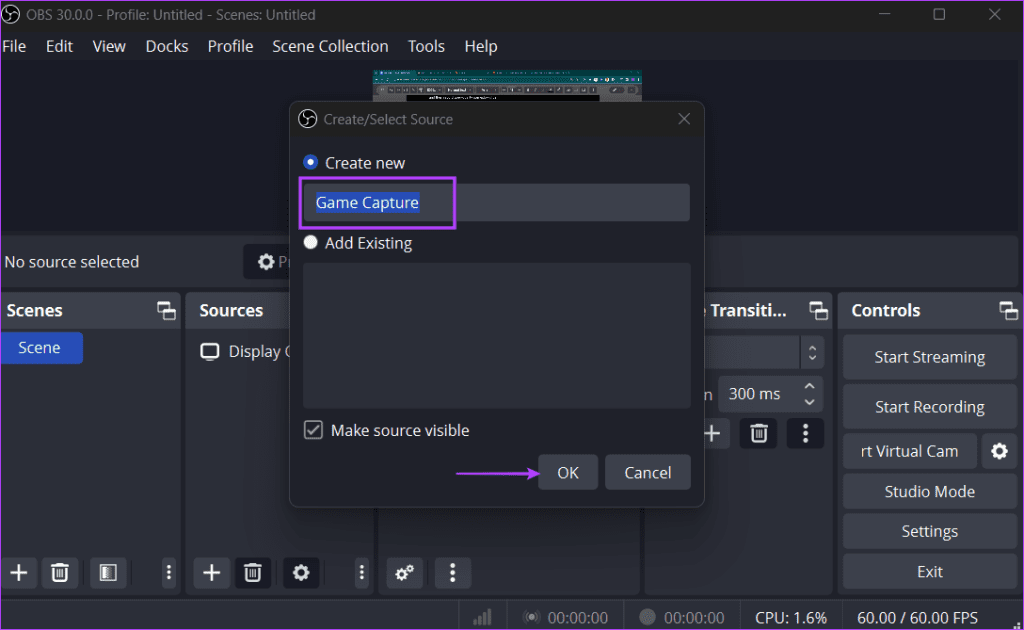 Selecting Source in obs studio 2
