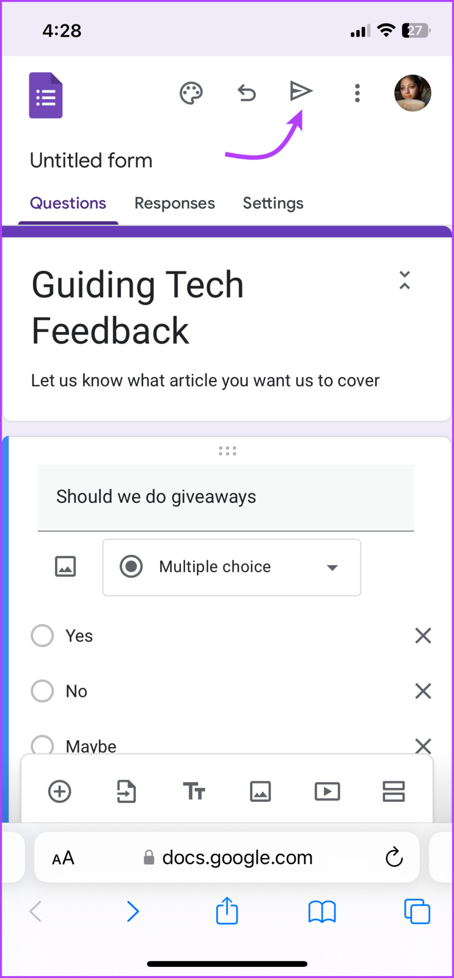 Tap share icon to send Google Forms