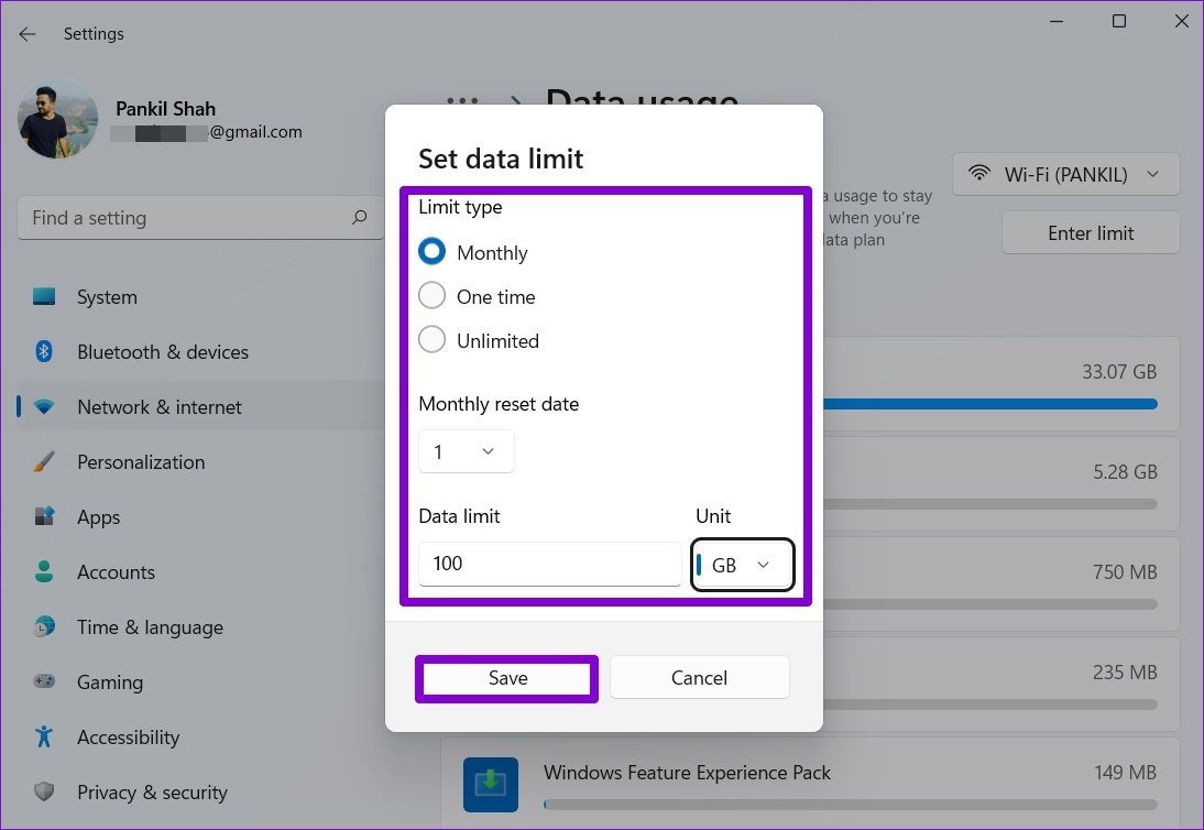 Set Data Limit on Windows 11