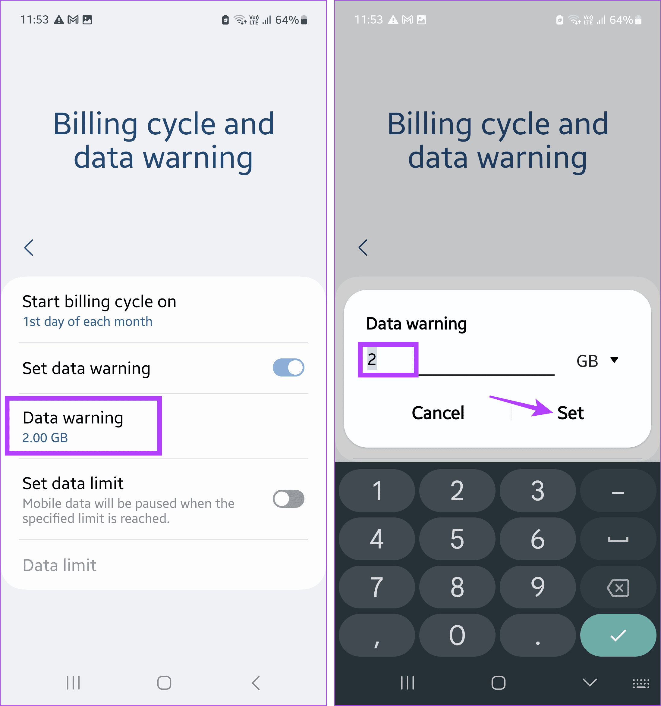 Set data warning limit