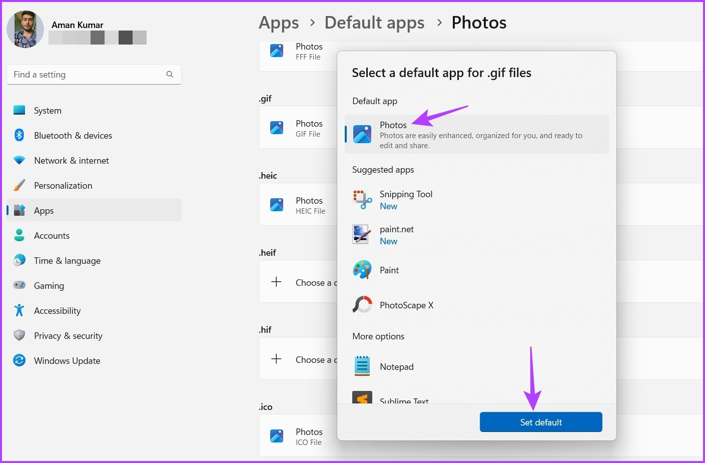 Set default option for Photos app 