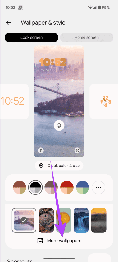 Settings Wallpaper style More Wallpapers