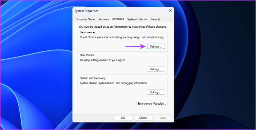 Settings option in the System Properties window