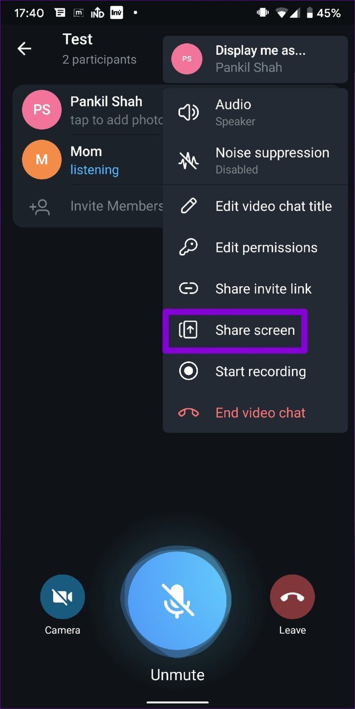 Share Screen on Telegram Group Video Call Android