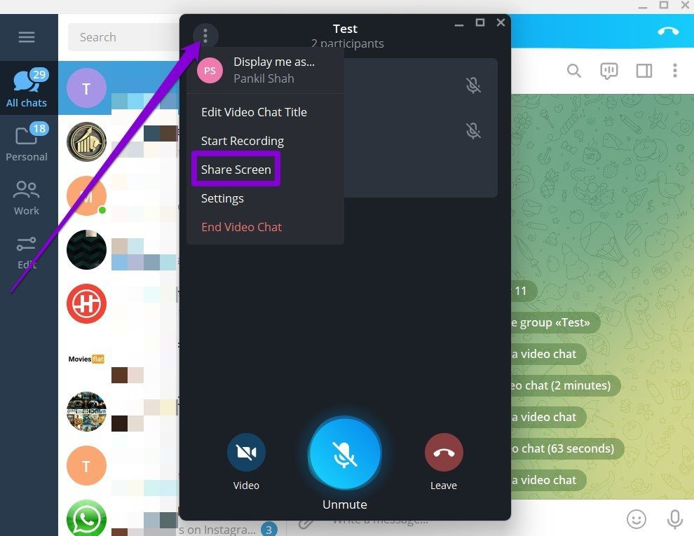Share Screen on Telegram Group Video Call