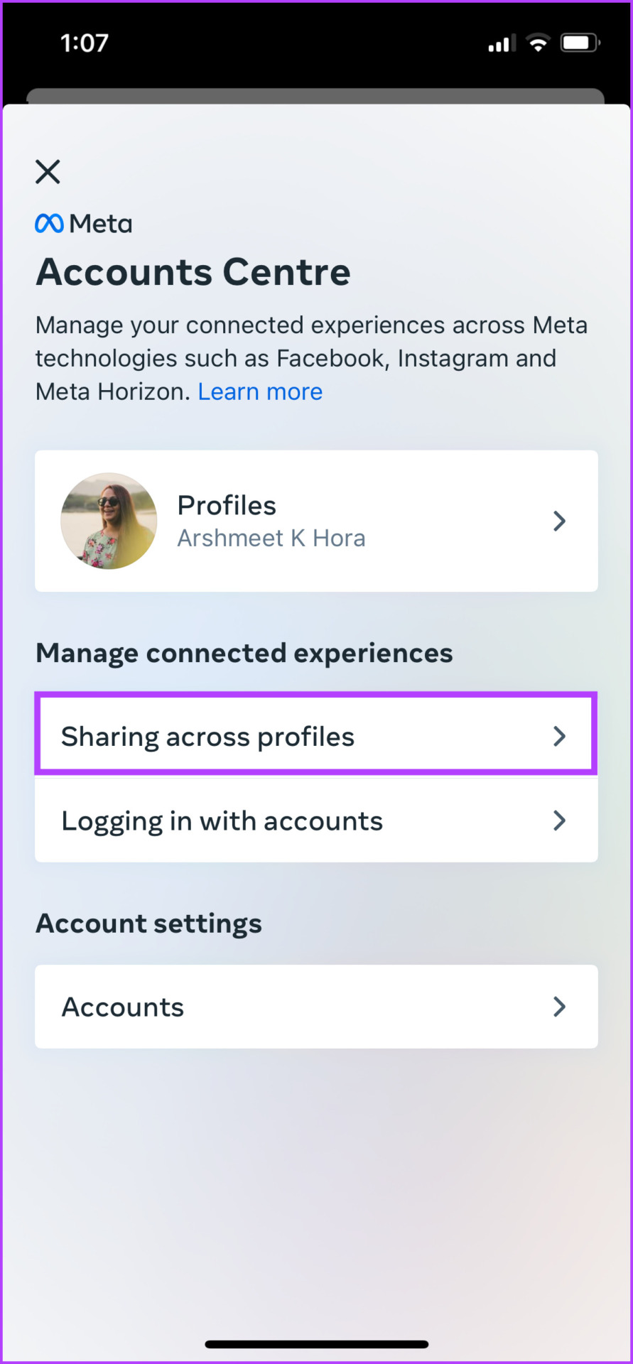 Select Sharing across profiles
