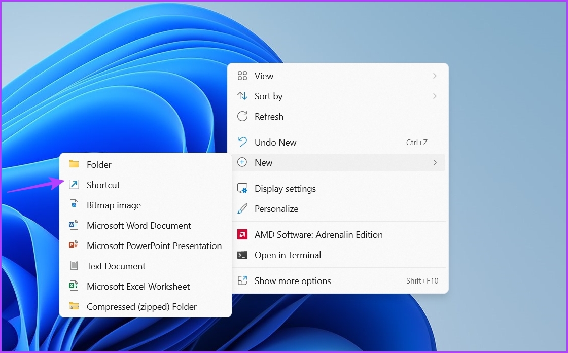 Shortcut option in Desktop