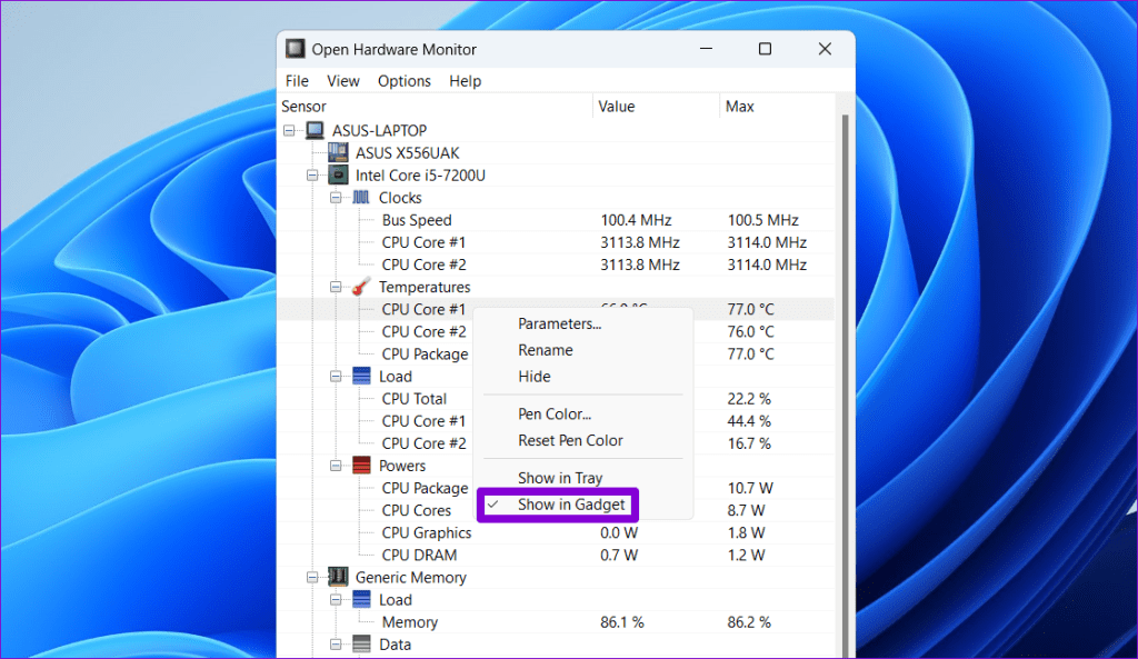 Show CPU Temp on Desktop