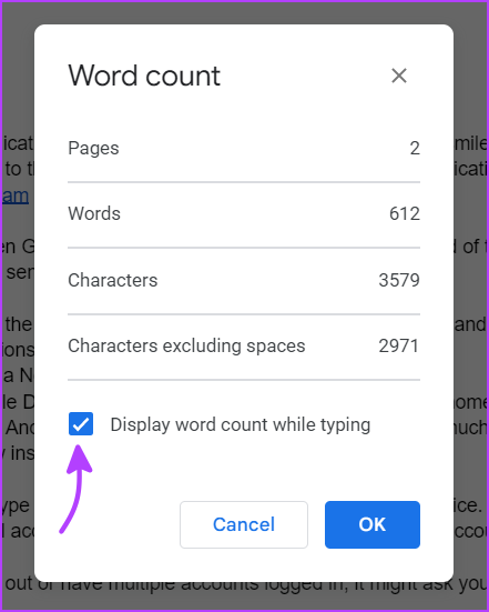 Turn on live word count in Google Docs