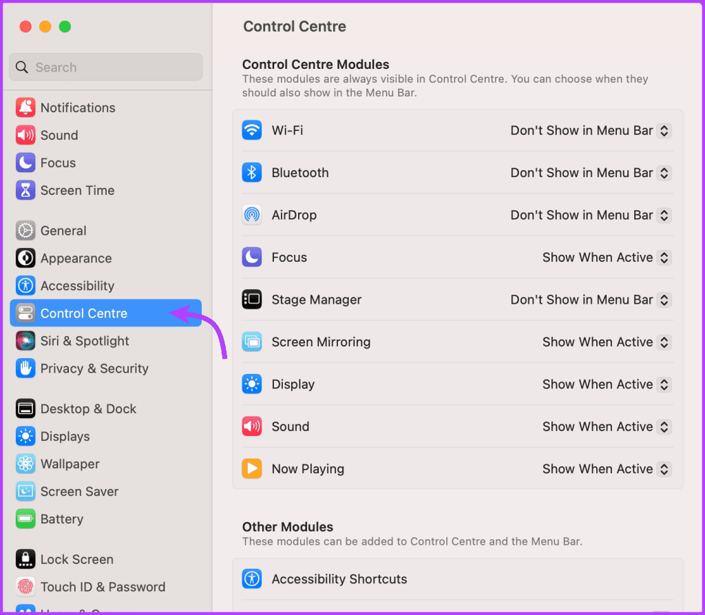 Click Control Center and select preferred option 