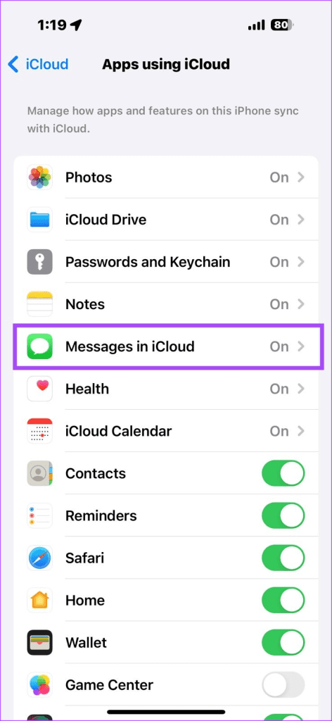Showing Messages in iCloud in iPhone Settings