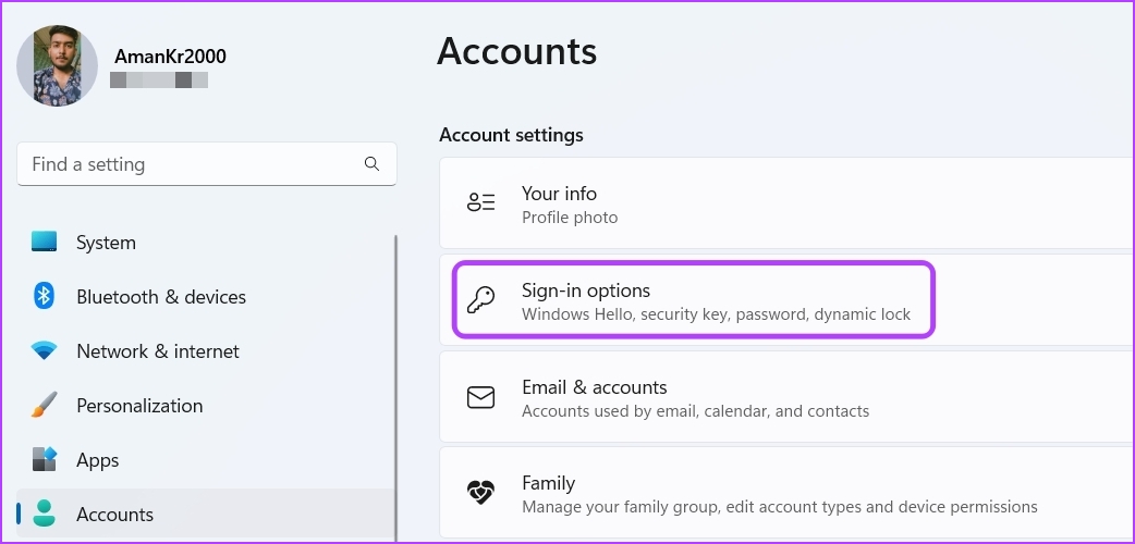 Sign-in Options in the Settings app