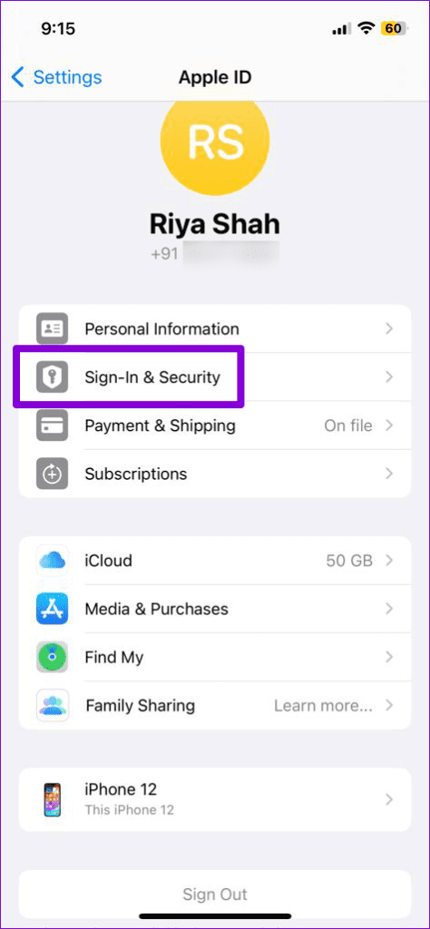 Sign in Security on iPhone