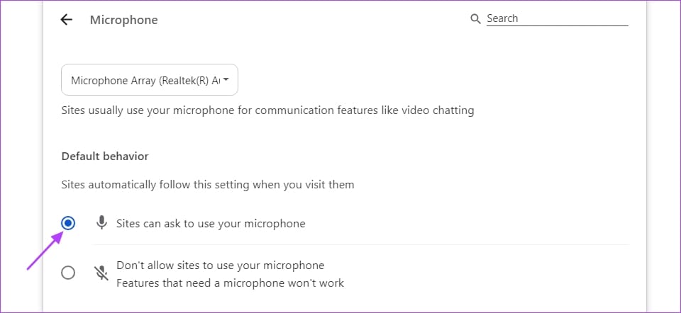 Sites can ask to use your microphone option in the Microphone window. - 5