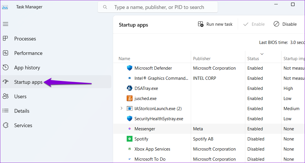 Startup Apps in Windows Task Manager