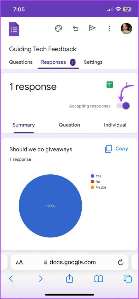 Toggle off Accepting responses