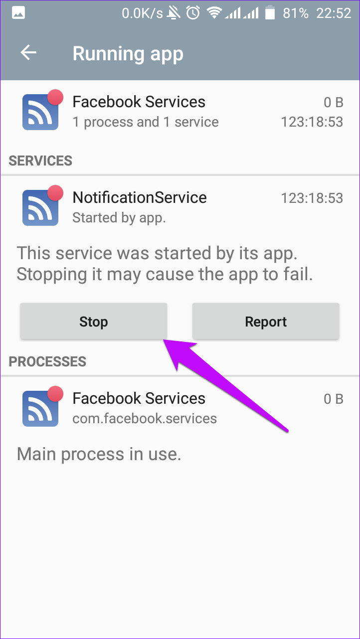 Stop services Android settings