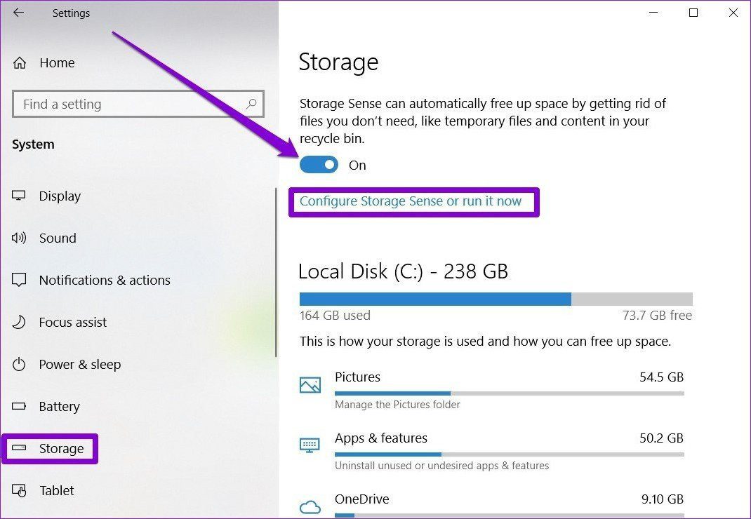 Storage Settings in Windows 10