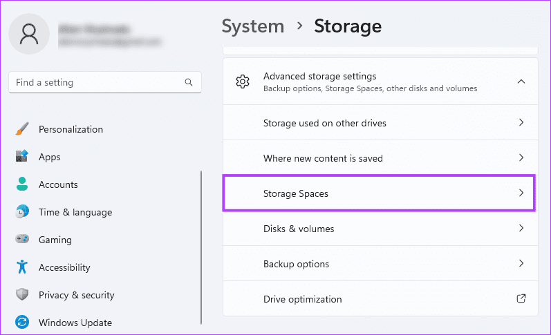Storage Spaces Settings Option