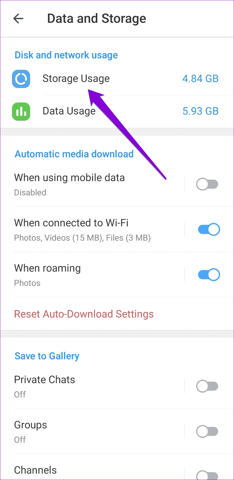 Storage Usage in Telegram App