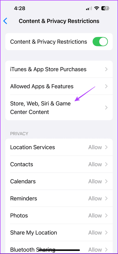 Store Web Siri Game Center Content option