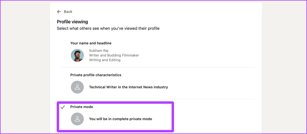 Switch to LinkedIn Private Mode