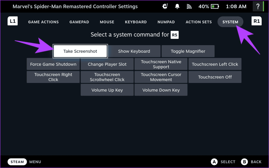 Switch to the System tab at the top and then select Take Screenshot