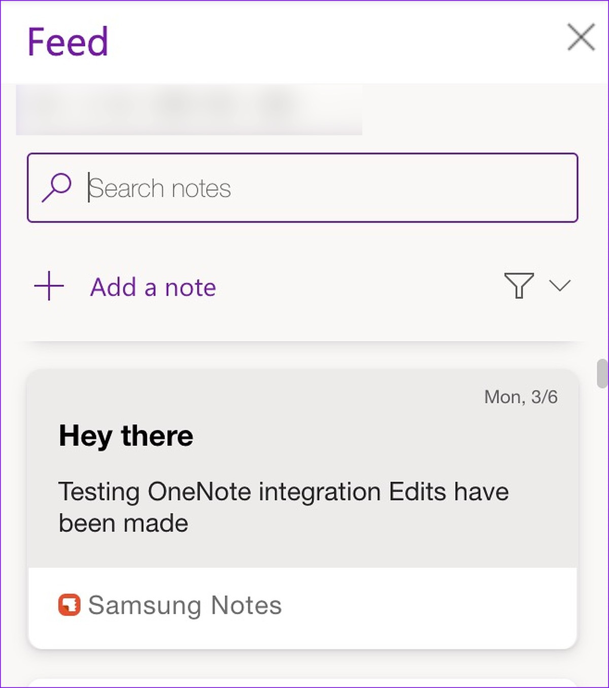 Samsung notes in OneNote feed