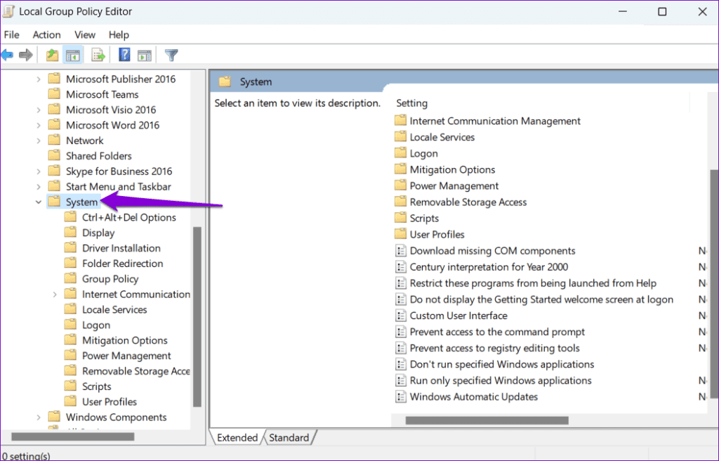 System Folder in Group Policy Editor