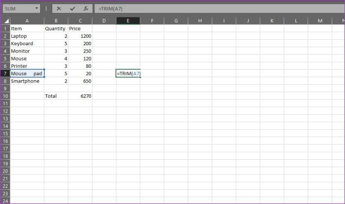 TRIM excel function