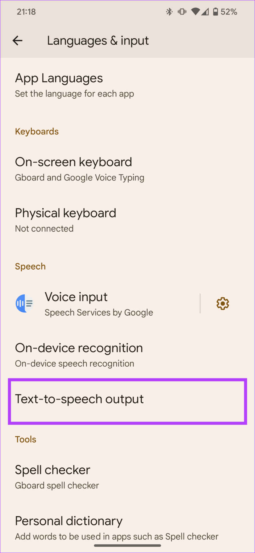text to speech output settings