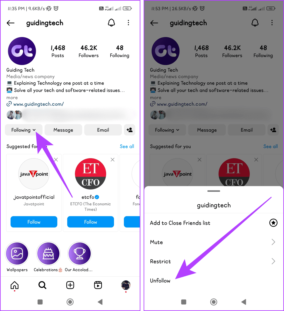 Tap Following and choose Unfollow