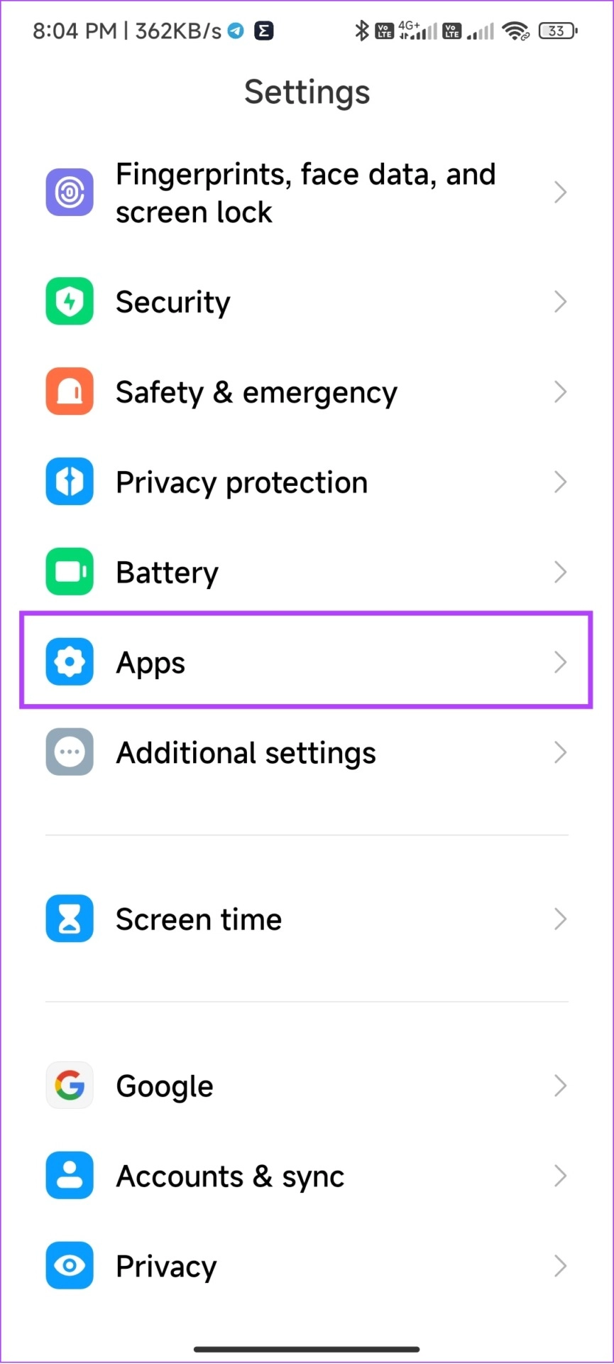 Tap apps on Settings on Android