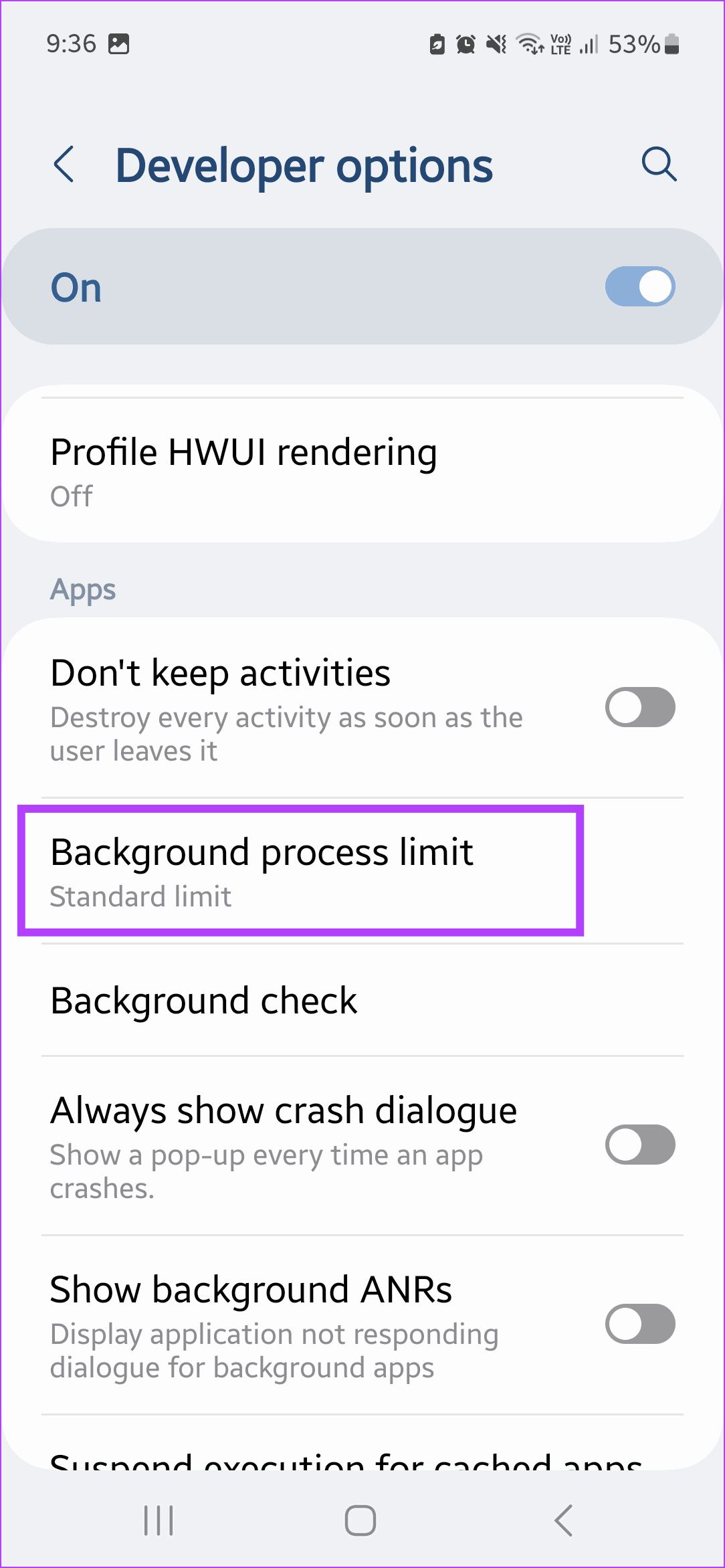 Tap on Background process limit